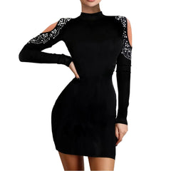 Cyflymder Women Luxury Mini Dress Hollow Out Long Sleeve Rhinestone Bodycon Party Dress Elegant Half High Collar Sexy Formal Prom Dress
