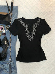 Cyflymder Goth T-shirt Embroidery Y2k 2000s Punk Vintage Sexy Aesthetic Harajuku Strap Slim Short Sleeve O-Neck Summer Basics Emo Tee Chic