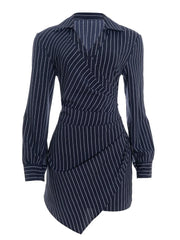Cyflymder Chic Blue & White Striped Shirt Dress Women Fashion Turn Down Collar Long Sleeve Pleats Slim Asymmetrical Hem Mini Dress