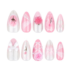 Cyflymder 24pcs French Cute Fake Nail Sweet Pink 3D Flowers Bowknot Design Almond False Nail Patch Korean Style Press on Nails for Girls