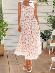 Cyflymder Elegant Maxi Dress with Floral Print and Lace Trim Sleeveless A-Line Dress for Women Perfect for Summer Fashion