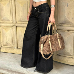 Cyflymder Retro Black Loose Wide Leg Denim Jeans Women's All-Match Low Waist Trousers Y2K Streetwear Denim Trousers Casual Outfit