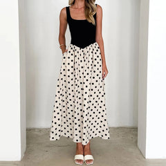 Cyflymder Polka Dot Print Patchwork Vest Dress Fashion U-neck Sleeveless Loose Long Dress Women'e Elegant Draped Pocket Party Dress