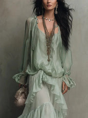 Cyflymder Boho Flowy Chiffon Matching Set Women Tie Shoulder Sheer Blouse Tiered Ruffle Maxi Skirt Elegant Beach Holiday Two Piece Dress