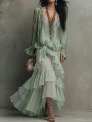Cyflymder Boho Flowy Chiffon Matching Set Women Tie Shoulder Sheer Blouse Tiered Ruffle Maxi Skirt Elegant Beach Holiday Two Piece Dress
