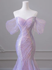 Cyflymder Purple Laser Sequin Beaded Mermaid Women Evening Dress with Puff Sleeves Tassel Pearls Tulle Train Prom Gown