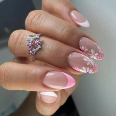 Cyflymder Pink Purple Flowers White Bowknot French Nail Art Summer Fashion Almond False Nail Detachable Finished Fake Nails Press on Nails
