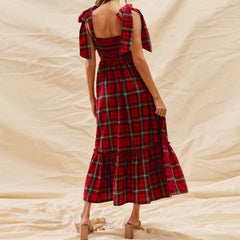 Cyflymder Women Christmas Plaid Sleeveless Maxi Dress Fall Ruffle Sleeve Cocktail Long Dresses Vintage Gingham Party Dress