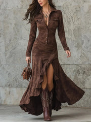 Cyflymder Velvet Suede Dress for Women's Elegant Split Solid Slim Single-breasted Long Dress Lapel Collar Pocket Ruffles Maxi Dress Autumn