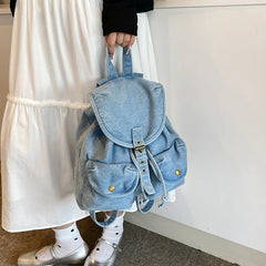 Cyflymder Korean denim backpack female new large capacity multi-pocket bucket bag student commuting travel bagpack drawstring rucksack sac