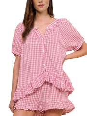 Cyflymder Summer Women's Clothing Matching Sets Casual Plaid Two Piece Set Short Sleeve Ruffled Top And Pants Polyester Acrylic Fabric