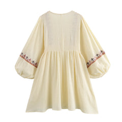 Cyflymder Loose Summer New Women's Dr Embroidered V-ne Vaion Patchwork High Waist Lantern Sve Long Sve Single Piece