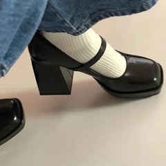 Cyflymder Retro Style Black Round Toe Platform Women Mary Jane Shoes Chunky High Heels Buckle Strap Design Fashion Pumps Shoes