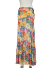 Cyflymder Holiday Slim Floral Printed Mesh Skirts Beach Style Low-Waisted Maxi Skirts Women 2025 Summer Fashion Streetwear Lady
