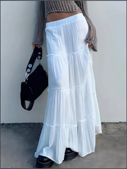 Cyflymder White Long Dresses 2025 Woman Pleate High Waist Ruffle Edge Skirt Fashionable Autumn Shoujo Girl Aesthetic Cake Skirt