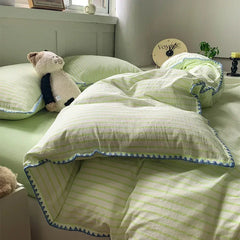 Cyflymder Simple Striped Shell Edge Bedding Sets Washed Cotton Fabric Cozy Fitted Sheet for Home Non Fading Bedclothes Set for Single Bed