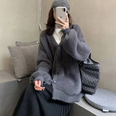 Cyflymder Cardigan Sweater Women V-neck Long Sleeve Top Solid Lazy Wind Soft Simple Warm Coat Vintage Single Breasted Knitwear Sweater