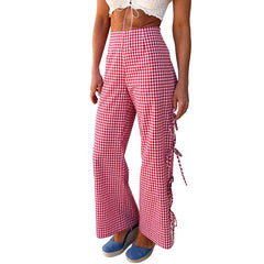 Cyflymder High Waist Plaid Printed Striped Side Slit Fashionable Casual High Street Trousers For Ladies Versatile Straight Lounge Trousers