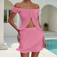 Cyflymder Women Knit Set y2k Clothes Off Shoulder Short Sleeve Slit Crop Top with High Waist Skirt Beach Party Clothing Clubwear