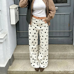 Cyflymder Women Polka Dot Wide Leg Jeans High Waisted Loose Fit Straight Leg Denim Pants Y2K Retro Trousers Preppy Streetwear