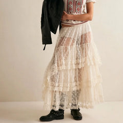Cyflymder Women Lace Midi Skirts Y2K Sheer Mesh Low Rise Asymmetrical Skirts Sexy See Through Flowy Beach Cover Up Skirt