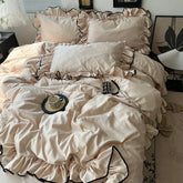 Cyflymder Four Piece Set of 180X220Cm Washed Ice Silky Bedding Korean Ruffled Quilt Cover for Bedroom Cooling Smooth Fitted Sheet Sets