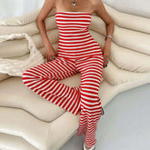 Cyflymder New Spring Summer Striped 2 Piece Set Women Casual Strapless Sleeveless Back Lace-up Crop Top and Pants Matching Outfit