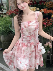 Cyflymder Summer Sweet Fashion Elegant Floral Print Camisole Dress French Holiday Beach Irregular Dresses Women Evening Party Prom Gown