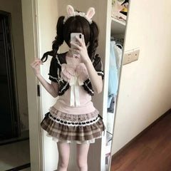 Cyflymder Vintage Sweet Lolita Style 3 Piece Sets Women Kawaii Ruffles Cardigan Pink Bow Straps Tops Fashion Y2k Plaid A Line Skirts Suit