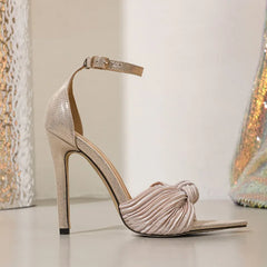 Cyflymder Luxury Designer Heeled Sandals Women Summer Fashion Knot Pleated Silk Open Toe Cover Heel Pointed Toe Heels Elegant Dress Shoes