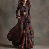 Cyflymder European American Women's Shirt Maxi Dress Autumn Casual Long Sleeve Button Pocket Plaid Print Lapel Retro Long Dress Vestidos