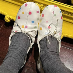 Cyflymder Soft Leather Ballet Flats Women's round Toe Bow Knot Satin Surface Low Cut Egg Roll Single Shoes French Polka Dot Design
