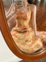 Cyflymder Women Midi Floral Halter Slip Dress Summer Vintage Painting Flower Backless Casual Party Night Vacation Runway Vestidos