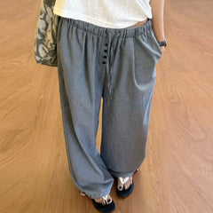 Cyflymder Korean Vintage Button Drawstring Casual Pants Women's Clothing Fashion Plaid Summer New Elastic Basic Straight Loose Trousers
