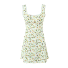 Cyflymder Sexy Satin Flower Print Spliced Lace Square Collar Mini Tank Dress Women Slim Waist A-Lined Sleeveless Short Robe Holiday