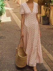 Cyflymder Elegant Polka Dot Printed Bohemian Women Long Dress Fashion Hight Wasit Party Dress V-neck Short Sleeve Seaside Vacation Dress