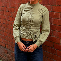 Cyflymder Women Y2K Stand Collar Button‑Down Shirt Long Sleeve Drawstring Peplum Hem Cropped Blouse Solid Green Casual Slim Fit Streetwear