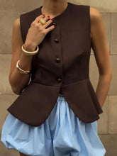 Cyflymder Office Ruched Hem Tank Top for Women O Neck Sleeveless Patchwork Single Breasted Temperament Vest Female Fashion