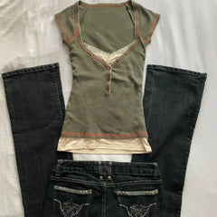 Cyflymder Y2k Clothes Short T Shirt For Women Fake 2 Pieces Spring Summer Vintage Sexy Ropa De Mujer Grunge Fashion Tees