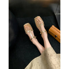 Cyflymder French Retro Gold Hollow Mesh Beautiful Bag Head Sandals Women's Rear Empty Buckle Belt Low Heel Women's Single Shoes