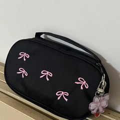 Cyflymder 1 Pc Sweet Black Pink Color Pencil Case for Kids Girl Korean Fashion Embroidery Bow Stationery Organizer Large Capacity Pen Bag