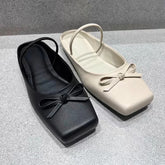 Cyflymder Summer Elegant Black Square Toe Ballet Flats Shoes Women Butterfly Knot Slip On Comfy Walking Mules Shoes Outdoor Slides