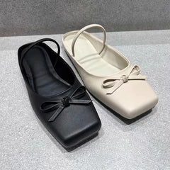 Cyflymder Summer Elegant Black Square Toe Ballet Flats Shoes Women Butterfly Knot Slip On Comfy Walking Mules Shoes Outdoor Slides