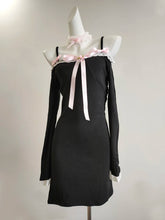 Cyflymder Cute Dresses Women Summer Autumn Lace Trim Bows Decoration Slim Long Sleeve Black Dress for Sweet Girls Kawaii Clothes