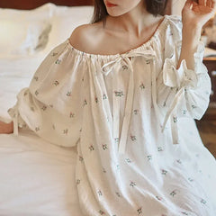 Cyflymder Women Sweet Printed Full Sleeves Nightdress French Sexy Loose Long Mid-Calf Nightgowns 100% Cotton Comfortable Sleepwear Nightie