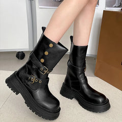 Cyflymder Vintage Height Increase Women Knight Boots Square Heels Goth Mid Calf Booties Buckle Strap Casual Shoes