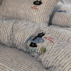 Cyflymder New Cotton Hemp Embroidery Bedding Sheet Sets Solid Cartoon Comfortable Soft Duvet Cover Kit Fitted Sheet Set for Single Queen