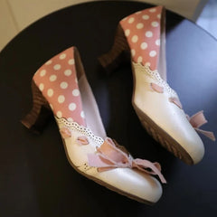 Cyflymder Vintage Chunky Heel Women Pumps Polka Dot Design Bow Detail Round Toe Mary Jane Shoes Comfortable Lightweight Dress Lolita Shoes