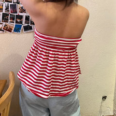 Cyflymder Women Strapless Babydoll Tube Tops Coquette Off Shoulder Bandeau Peplum Vest 90s Vintage Striped Backless Crop Tops Going Out