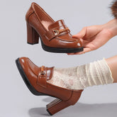 Cyflymder Big Size 43 Vintage Brown Slip On Pumps Women Shoes Classic Square High Heels Office Lady Loafers Retro Shoes